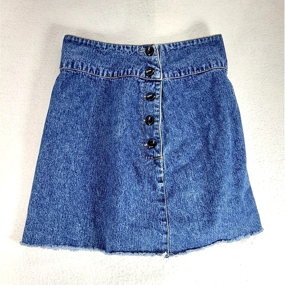 Vintage Y2k L.A. Blues Denim Mini Skirt Button Up Size 1 Jean Fringe Juniors